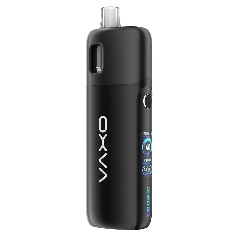 Pod OXVA Oneo Pro noir en alliage de zinc avec écran couleur TFT 0.96 pouces et cartouche intégrée.