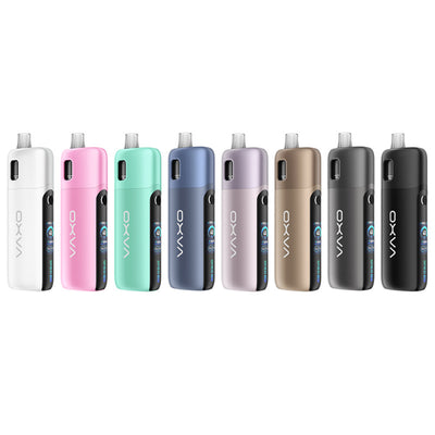 Huit pods OXVA Oneo Pro en alliage de zinc, présentés en différents coloris avec écran TFT et design compact.