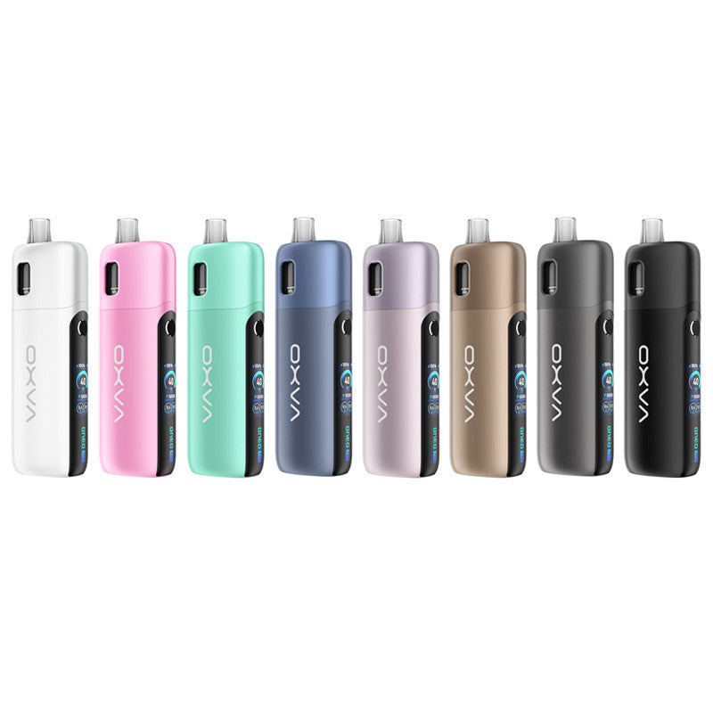 Huit pods OXVA Oneo Pro en alliage de zinc, présentés en différents coloris avec écran TFT et design compact.