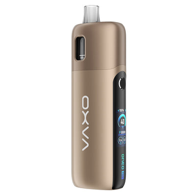 Pod OXVA Oneo Pro doré en alliage de zinc avec écran couleur TFT 0.96" et cartouche transparente intégrée.