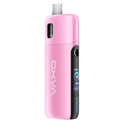 Pod OXVA Oneo Pro rose en alliage de zinc avec écran couleur TFT 0.96" et cartouche transparente intégrée.