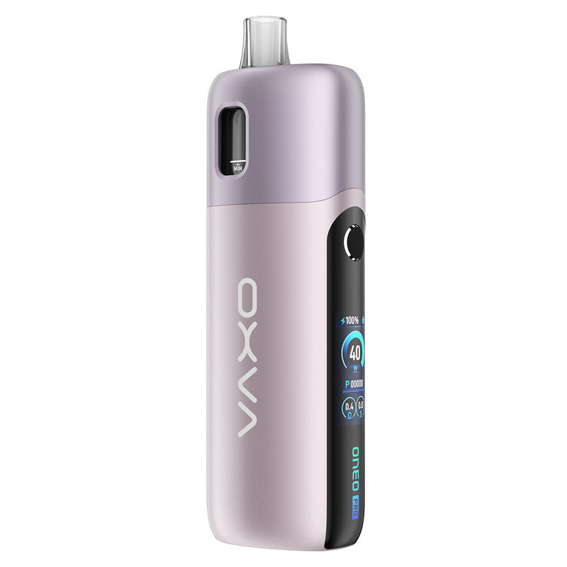 Pod OXVA Oneo Pro rose métallique avec écran couleur TFT, batterie 2100mAh et design compact en alliage de zinc.