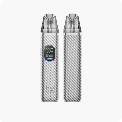 Kit pod Oxva Xlim Pro 2 gris à motif carbone avec écran couleur affichant 30W et cartouche transparente.