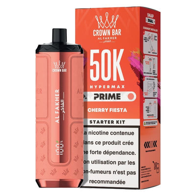 Kit puff rechargeable Al Fakher Crown Bar HyperMax Prime 50K Cherry Fiesta avec son emballage et écran digital.