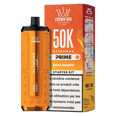 Kit puff rechargeable Al Fakher Crown Bar Hypermax 50K Cool Mango orange avec écran digital et emballage carton.