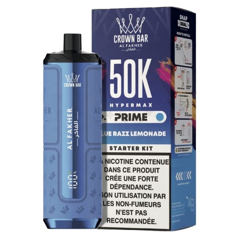 Kit puff rechargeable Al Fakher Crown Bar Hypermax Prime 50K bleu avec son emballage et écran d'affichage numérique.