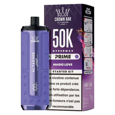 Kit puff violet Al Fakher Crown Bar HyperMax Prime 50K avec écran numérique et emballage boîte assorti.