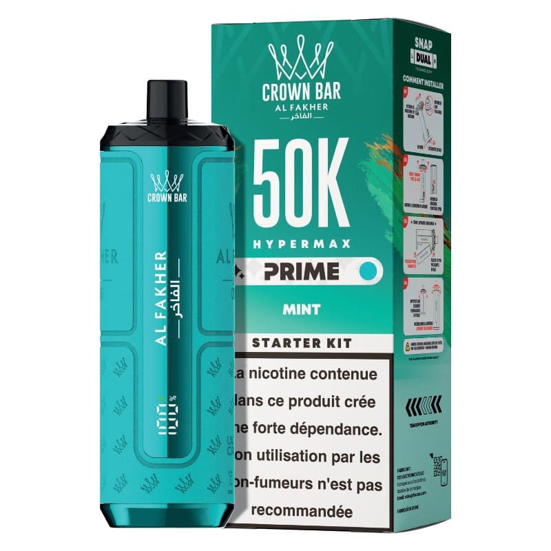 Kit puff rechargeable Al Fakher Crown Bar Hypermax Prime 50K bleu menthe avec son emballage et écran d'affichage.