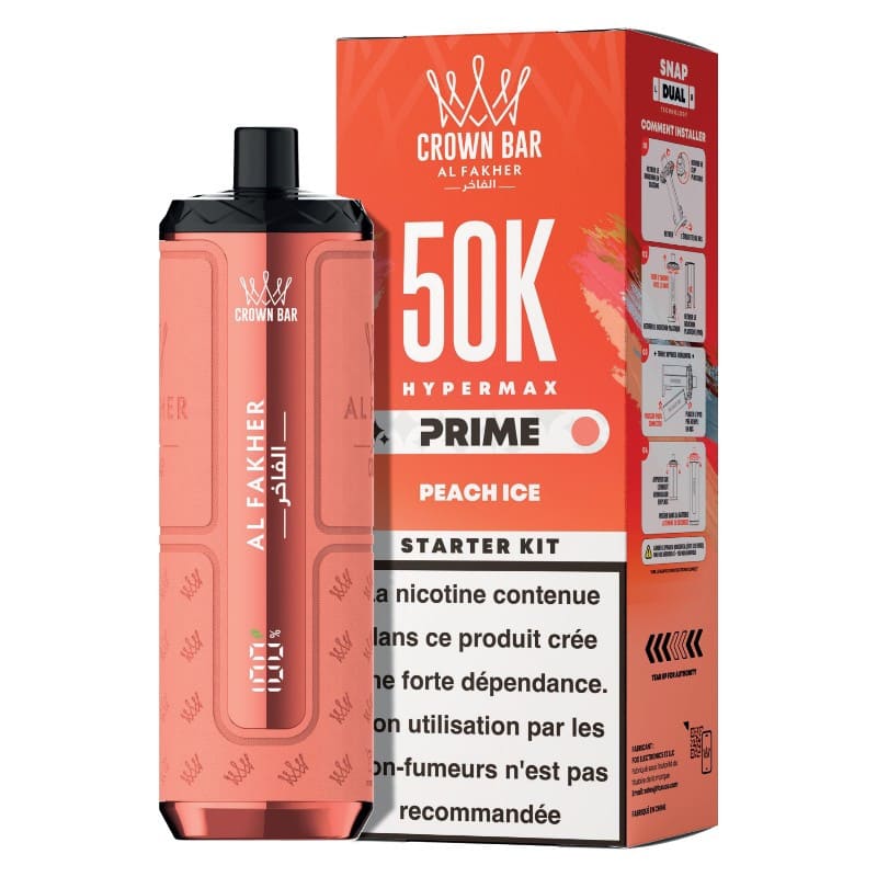 Kit puff rechargeable Al Fakher Crown Bar HyperMax Prime 50K Peach Ice avec écran digital et design moderne orange.