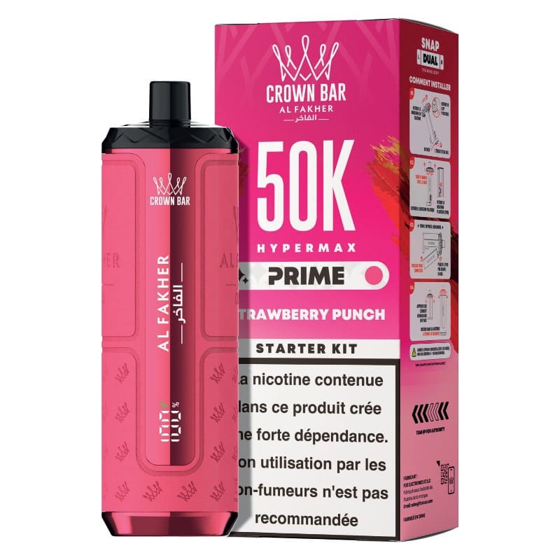 Cigarette électronique rose Al Fakher Crown Bar HyperMax Prime 50K avec son emballage et affichage numérique.