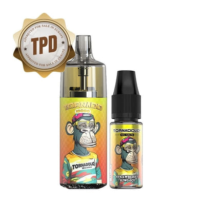 Kit cigarette électronique Gobar Tornado 10000 avec flacon d'e-liquide 10ml, design coloré avec illustration de singe.