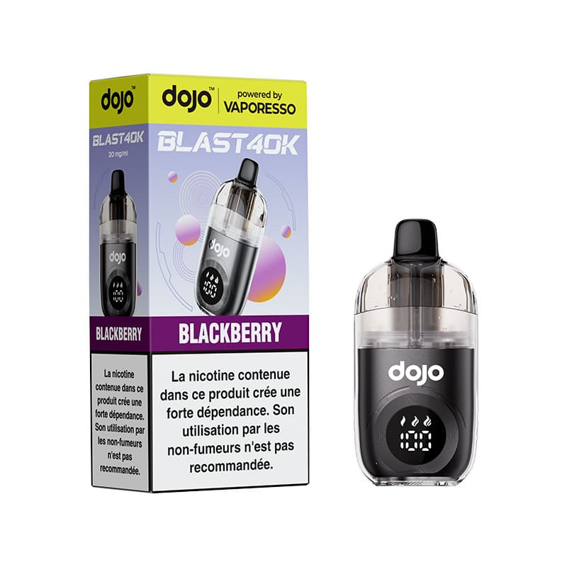 Cigarette électronique Dojo Blast 40K noire avec écran LED et emballage Blackberry, design compact et ergonomique.
