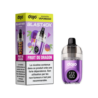 Cigarette électronique rechargeable Dojo Blast 40K violette avec écran numérique et emballage Fruit du Dragon.
