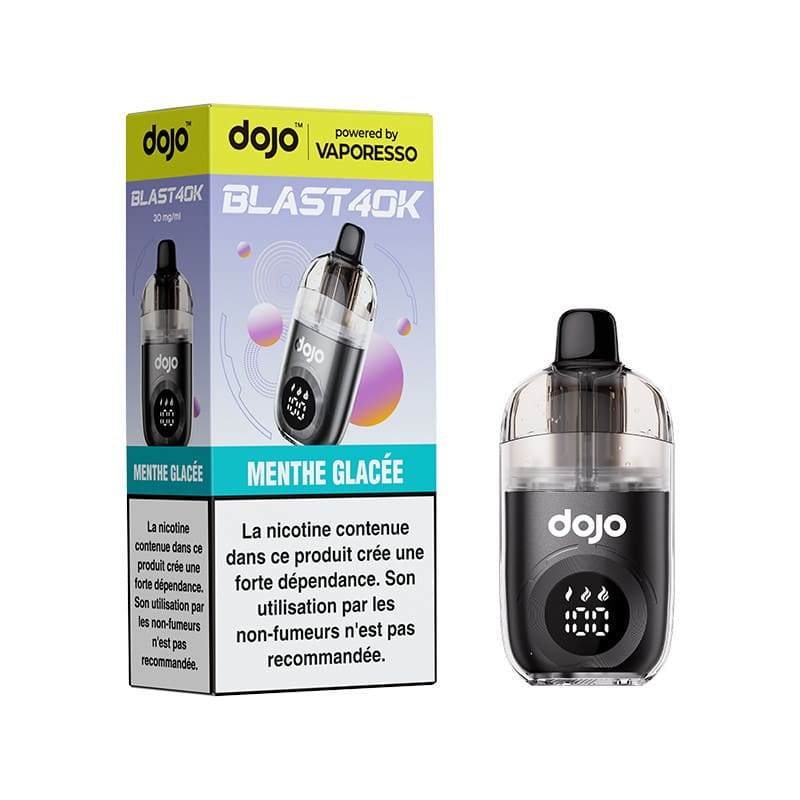 Cigarette électronique rechargeable Dojo Blast 40K noire avec écran numérique et emballage Menthe Glacée.