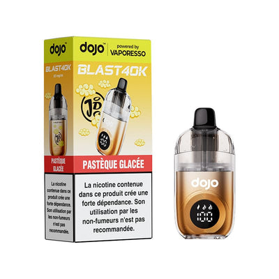 Cigarette électronique rechargeable Dojo Blast 40K dorée avec écran LED et emballage Pastèque Glacée.