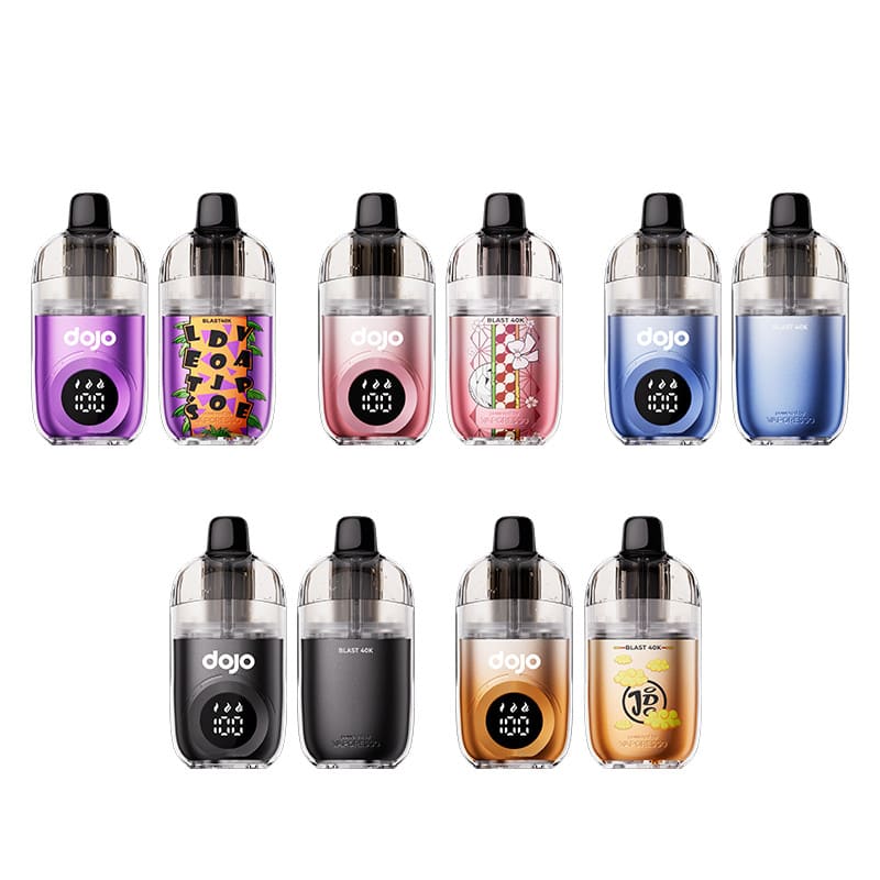 Collection de cigarettes électroniques Vaporesso Dojo Blast 40K rechargeables en divers coloris et designs graphiques.