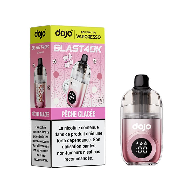 Cigarette électronique Vaporesso Dojo Blast 40K rose avec écran numérique et emballage Pêche Glacée.