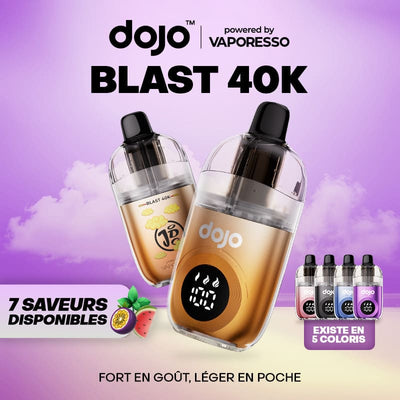 Cigarette électronique rechargeable Dojo Blast 40K dorée avec écran numérique, cartouche transparente et design compact.