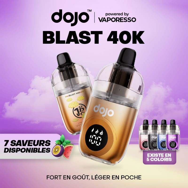 Cigarette électronique rechargeable Dojo Blast 40K dorée avec écran numérique, cartouche transparente et design compact.