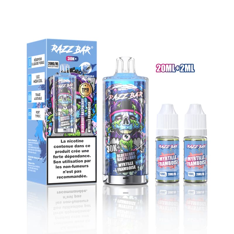 Kit de vape rechargeable Razz Bar 30K bleu avec deux flacons de 10 ml, design graphique coloré et réservoir transparent.