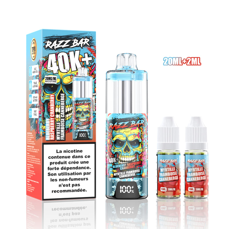 Kit de vape Razz Bar 40K avec batterie rechargeable, écran LED, et deux flacons de 10 ml saveur myrtille framboise canneberge.