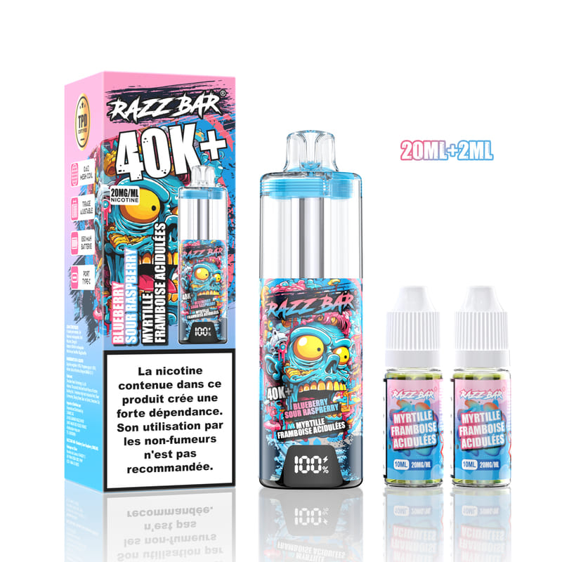 Kit vape Razz Bar 40K avec batterie rechargeable, écran LED, et deux flacons de 10ml aux motifs colorés de zombie.