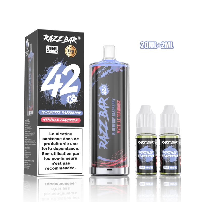 Kit vape Razz Bar 42K Blueberry Raspberry avec batterie rechargeable, réservoir visible et deux flacons de 10 ml.