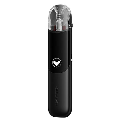 Pod Vaptio Tela noir compact avec cartouche transparente, bouton central et design ergonomique vertical.