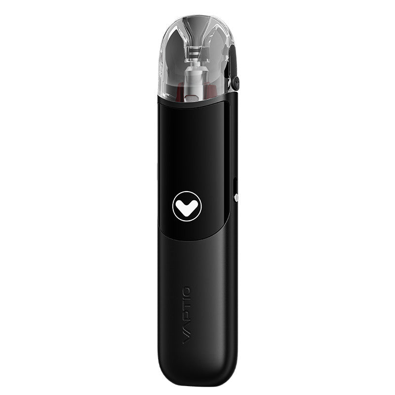 Pod Vaptio Tela noir compact avec cartouche transparente, bouton central et design ergonomique vertical.