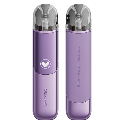 Kit pod Vaptio Tela violet compact avec cartouche transparente, bouton central et finition texturée élégante.