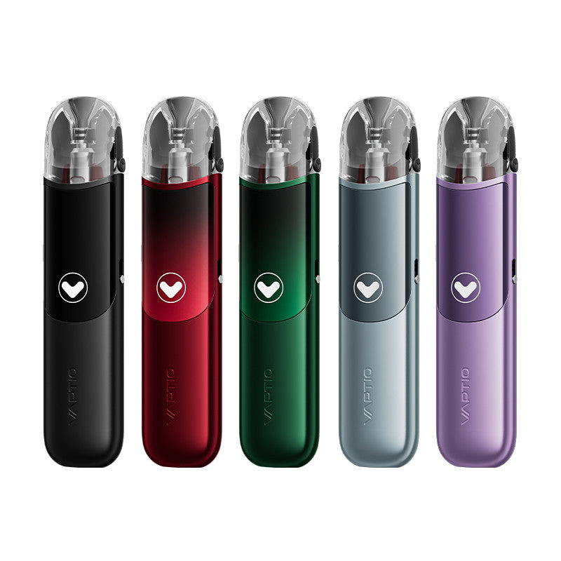Cinq cigarettes électroniques Vaptio Tela compactes en noir, rouge, vert, gris et violet avec cartouches transparentes.