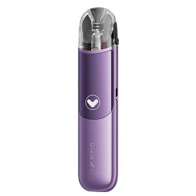 Pod Vaptio Tela violet compact avec cartouche transparente, design ergonomique et bouton central avec logo.