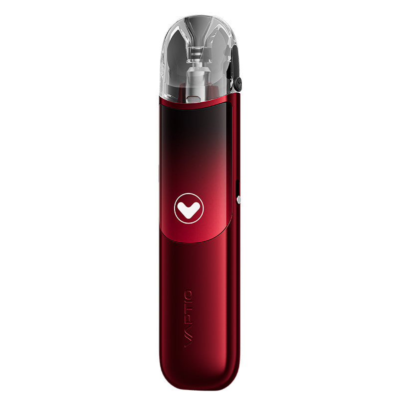 Pod Vaptio Tela rouge compact avec cartouche transparente, design ergonomique et bouton central avec logo.