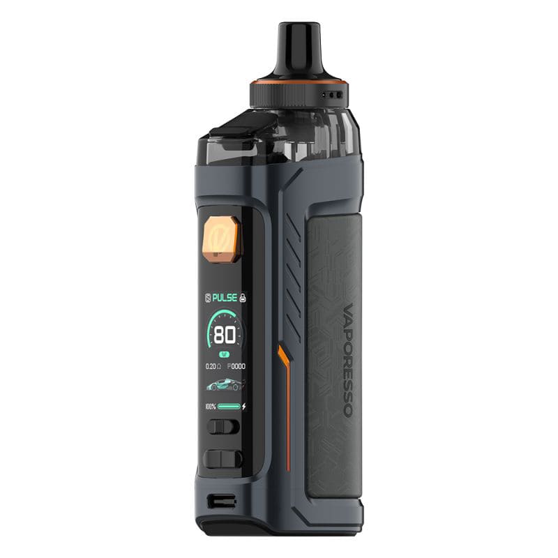 Pod mod Vaporesso Armour G gris anthracite avec écran TFT, bouton orange et cartouche 5ml intégrée.