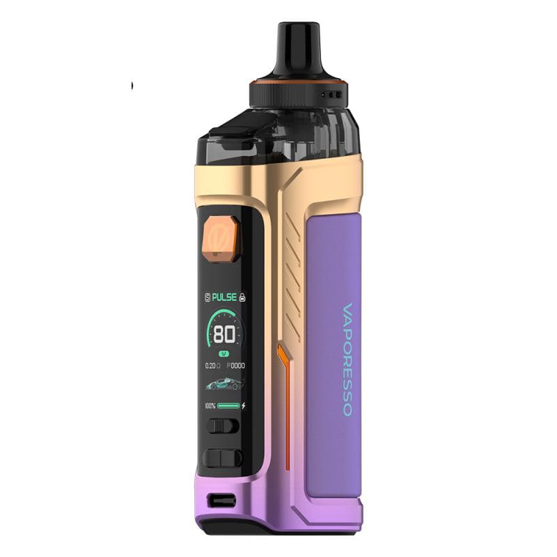 Pod mod Vaporesso Armour G doré et violet avec écran couleur TFT, bouton de tir orange et cartouche 5ml intégrée.