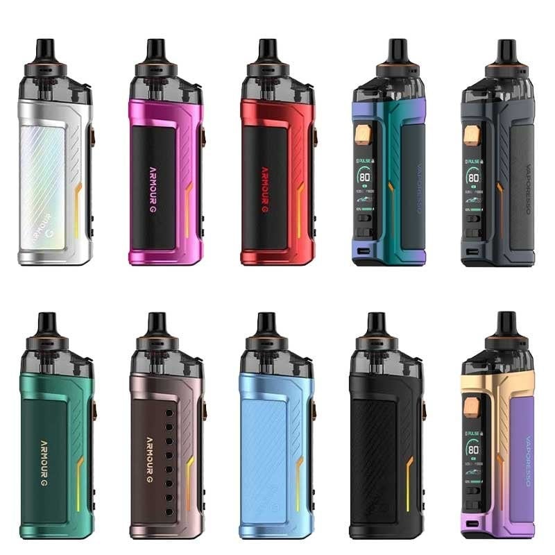 Kit pod Vaporesso Armour G 80W disponible en dix coloris métallisés avec écran TFT, cartouche 5ml et design compact robuste.