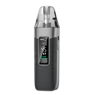 Cigarette électronique Vaporesso Luxe X3 gris anthracite avec écran digital, cartouche transparente et design texturé.