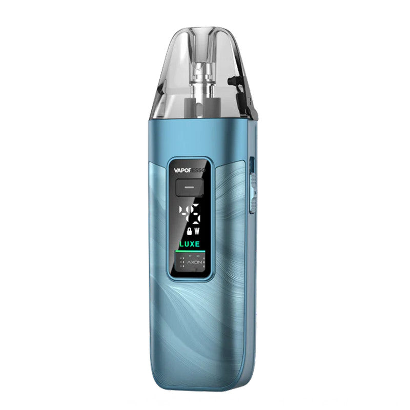 Pod Vaporesso Luxe X3 bleu métallique avec écran digital, cartouche transparente et design ergonomique compact.