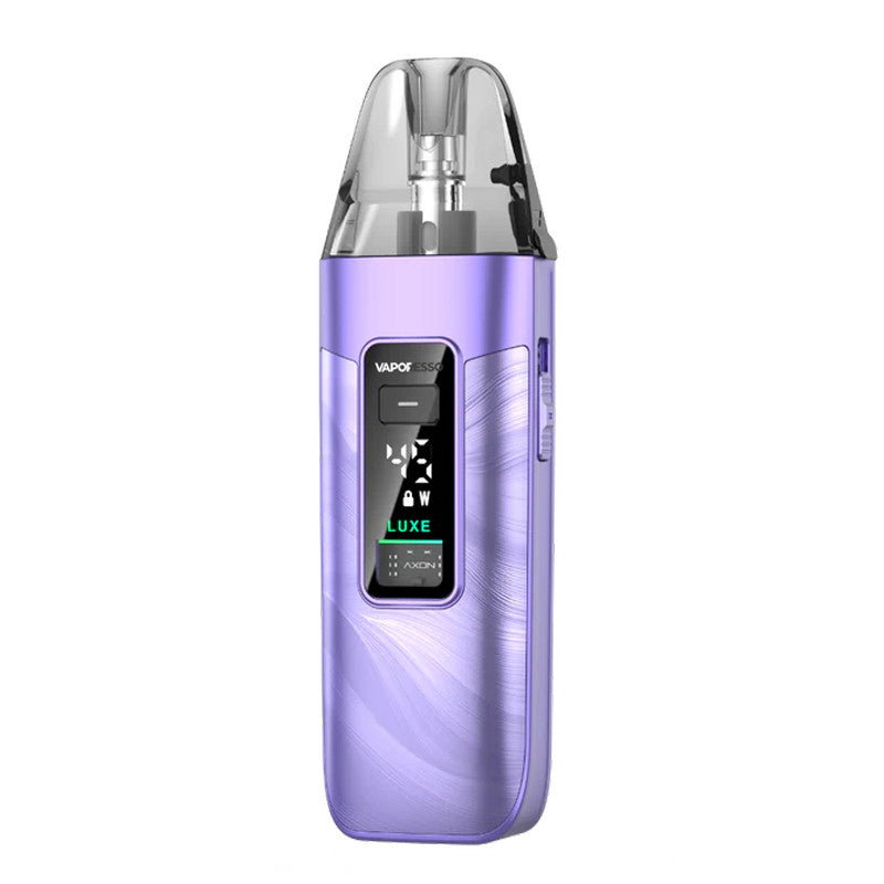 Pod Vaporesso Luxe X3 violet avec écran digital, cartouche transparente et design métallique ergonomique.