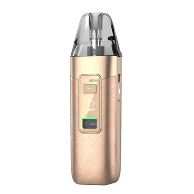 Pod Vaporesso Luxe X3 doré avec écran digital, cartouche transparente et finition métallique texturée élégante.