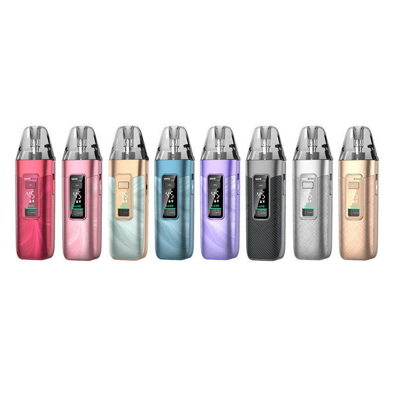 Huit cigarettes électroniques Vaporesso Luxe X3 aux finitions colorées et texturées avec écran digital intégré.