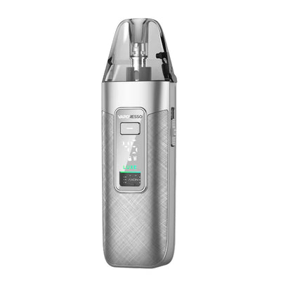 Cigarette électronique Vaporesso Luxe X3 argentée avec écran digital, cartouche transparente et design métallique.
