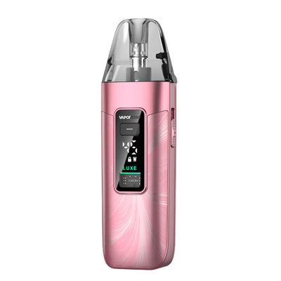 Cigarette électronique Vaporesso Luxe X3 rose métallique avec écran digital, cartouche transparente et design compact.