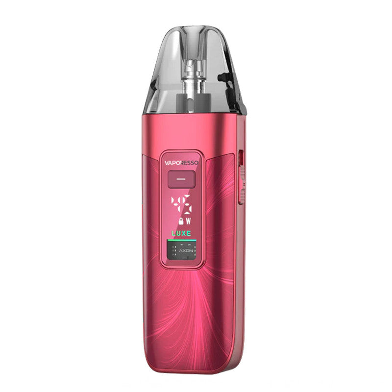 Pod Vaporesso Luxe X3 rose métallique avec écran digital, cartouche transparente et design compact ergonomique.
