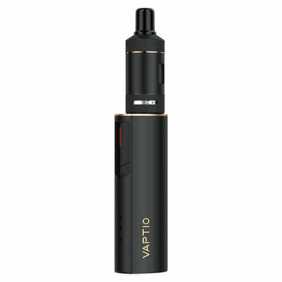 Kit cigarette électronique Vaptio Cosmo 2 noir compact avec clearomiseur 2ml, design métallique et bouton de réglage.
