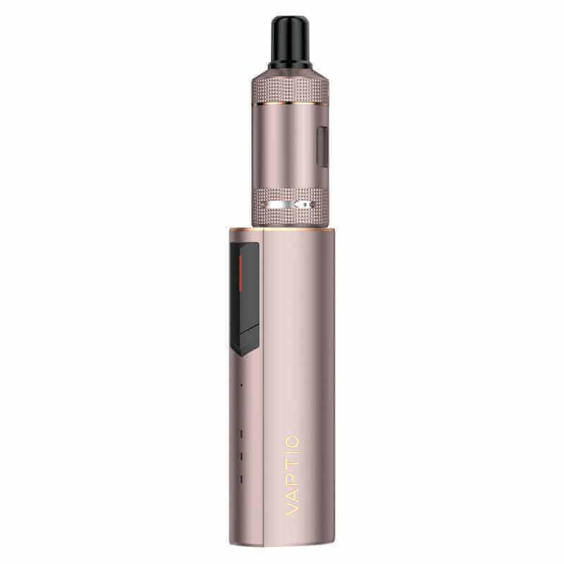 Kit cigarette électronique Vaptio Cosmo 2 rose métallique compact avec clearomiseur 2ml et bouton de réglage noir.