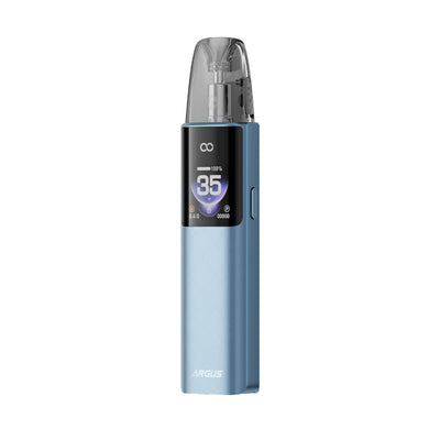 Kit pod Voopoo Argus G4 bleu métallique avec écran HD 0.85" affichant 35W et cartouche transparente.