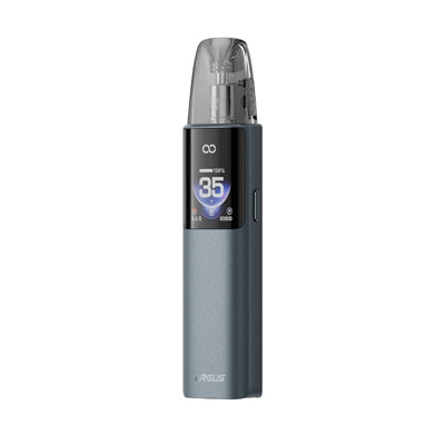 Kit pod Voopoo Argus G4 gris métallique avec écran HD 0,85" affichant 35W et cartouche transparente.