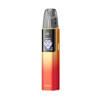 Pod Voopoo Argus G4 rouge et doré avec écran HD affichant 35W, design compact et cartouche transparente.