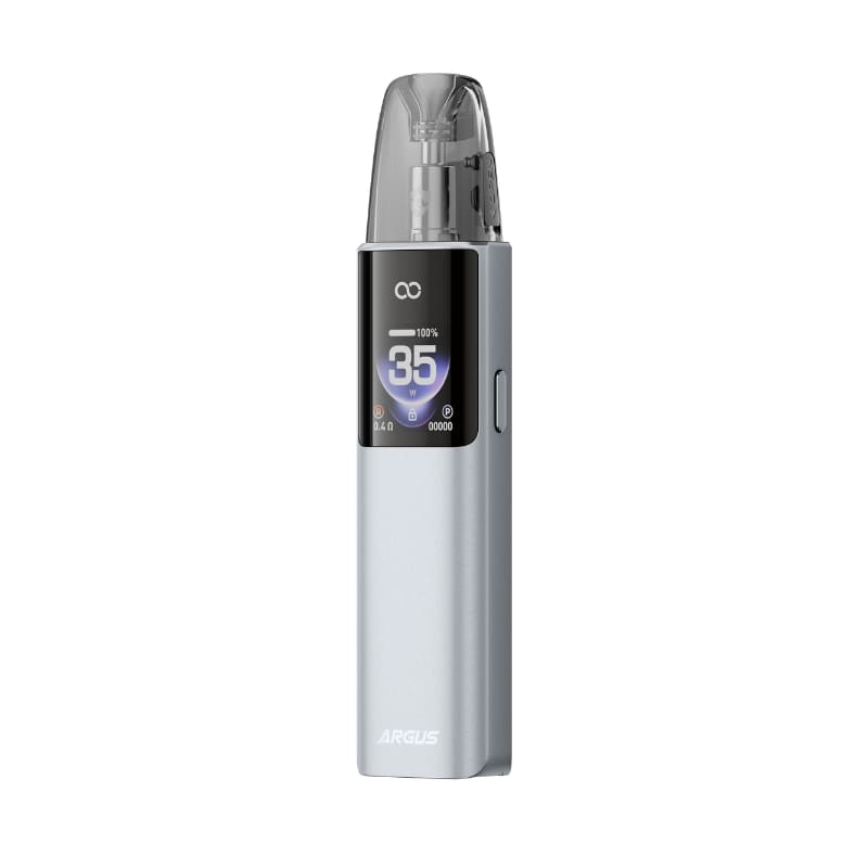 Pod Voopoo Argus G4 argenté au design compact avec écran HD affichant 35W et cartouche transparente intégrée.